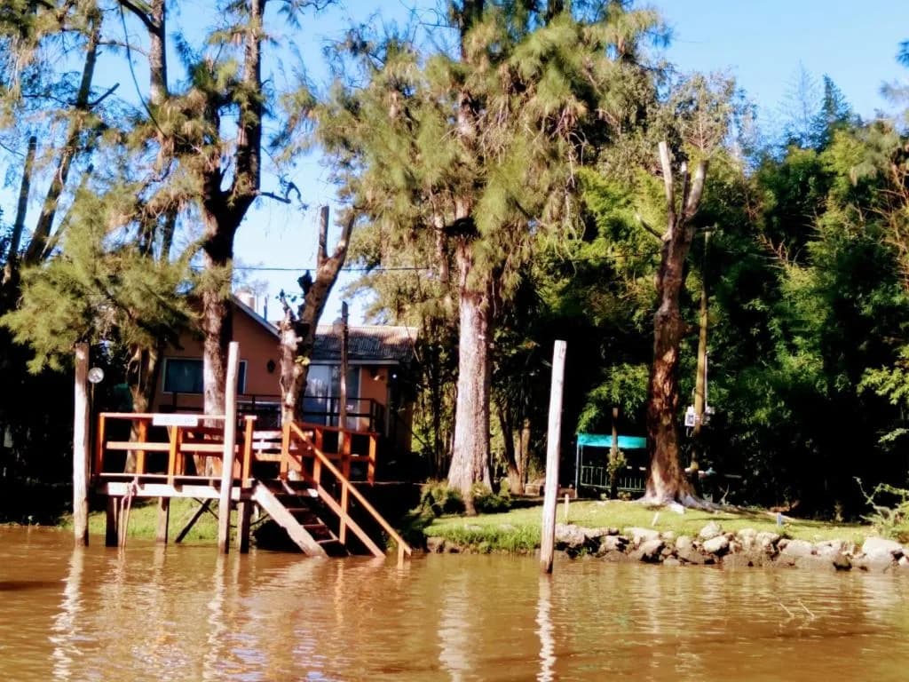 La cabana vista desde el arroyo, entre sauces